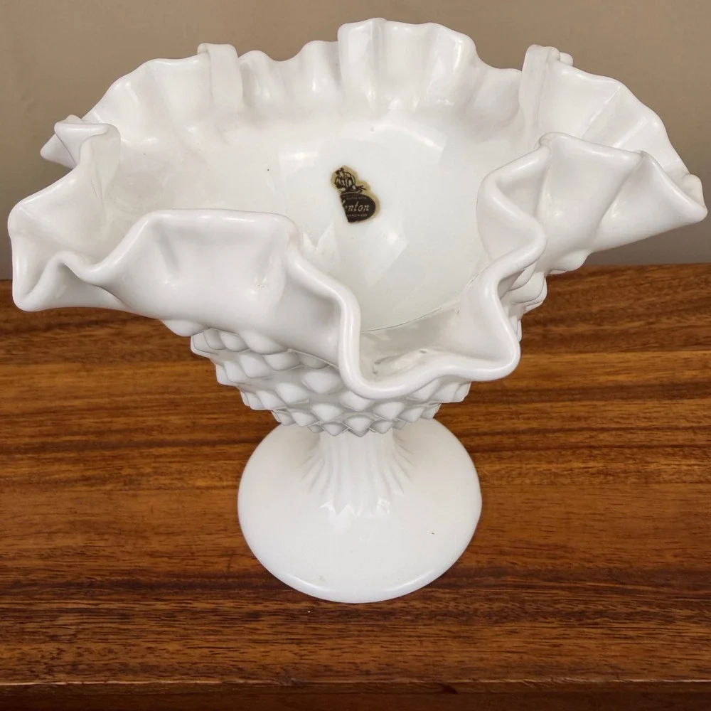 Fenton Milk Glass Hobnail Compote Bowl Ruffled Edge Pedestal Candy Dish  6in